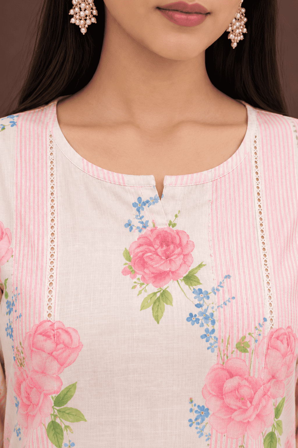 Soft cotton blend blush pink with floral prints kurta pant set