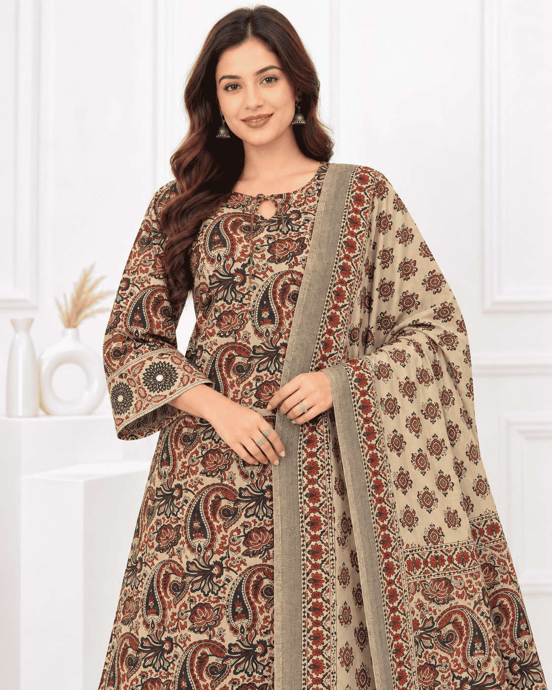 Ivory, Maroon & Deep Indigo Printed Cotton Blend Kurta Pant and Dupatta