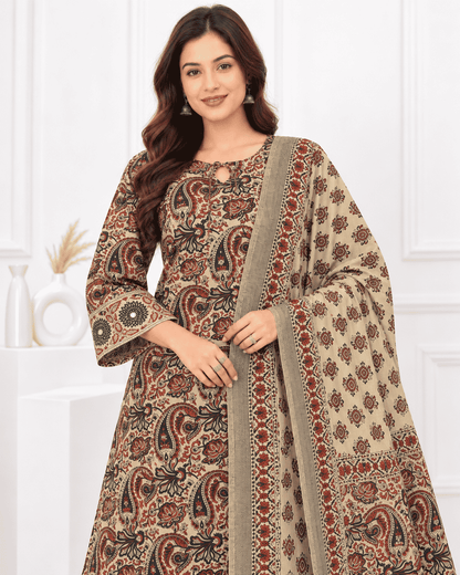 Ivory, Maroon & Deep Indigo Printed Cotton Blend Kurta Pant and Dupatta