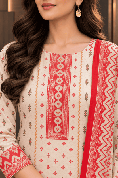 Unstitched pink printed cotton suit set with dupatta