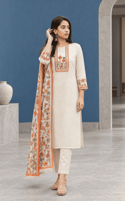 Unstitched cotton cream floral printed suit set with dupatta