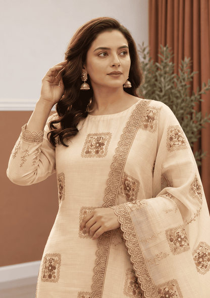 Semi-Stitched beige Chiffon Suit With Heavy Floral Sequin Border Detailing