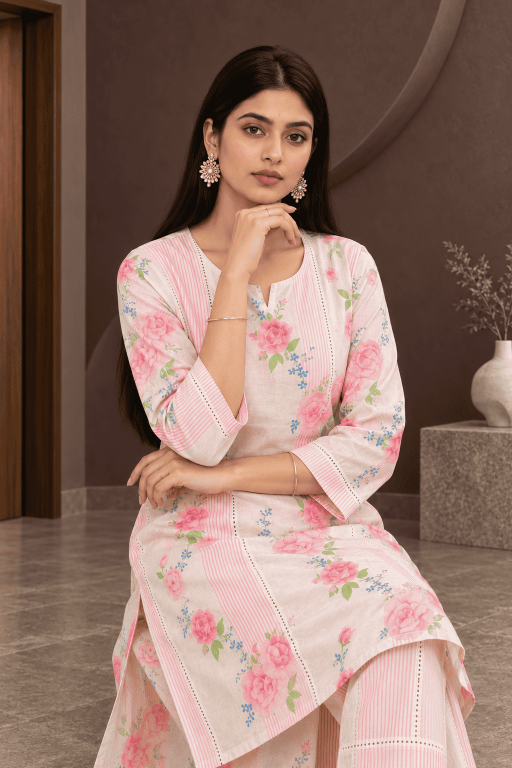 Soft cotton blend blush pink with floral prints kurta pant set