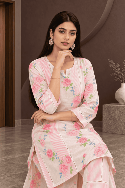Soft cotton blend blush pink with floral prints kurta pant set