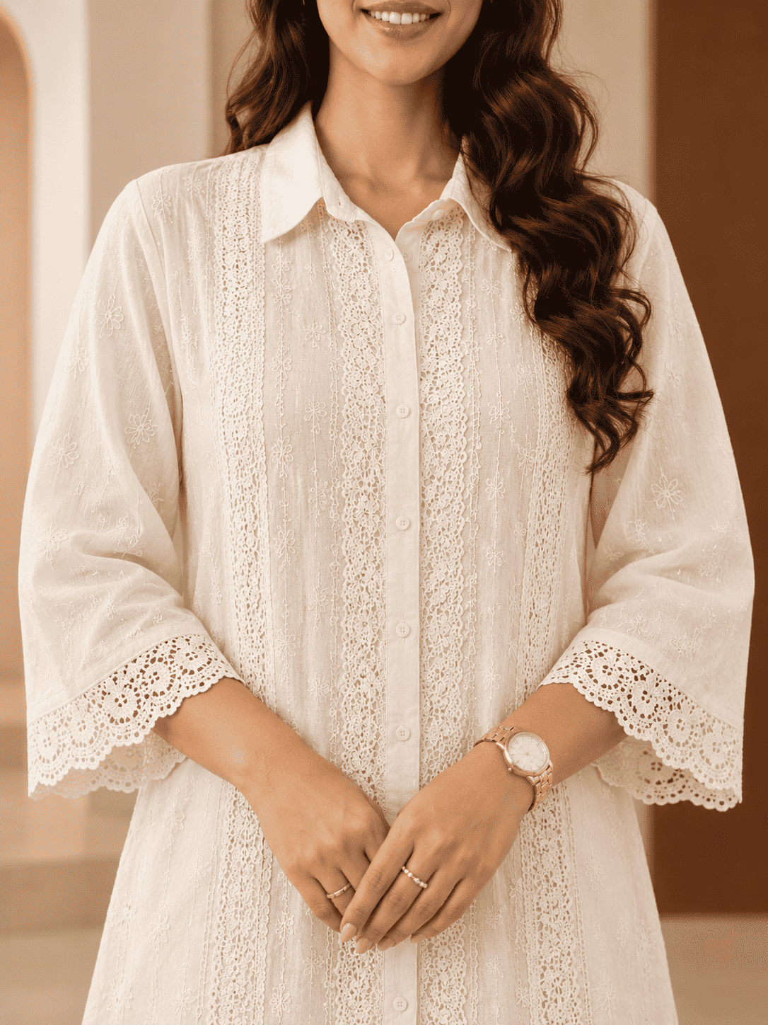 Ivory collar neck schiffli Kurta Pant Set