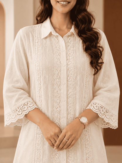 Ivory collar neck schiffli Kurta Pant Set