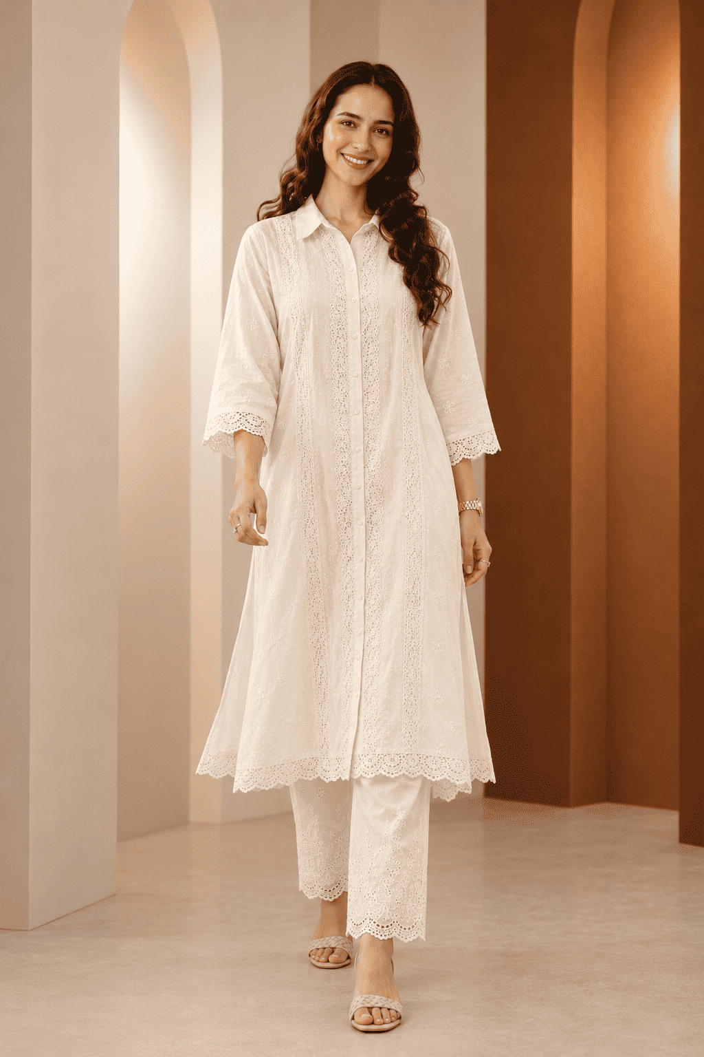 Ivory collar neck schiffli Kurta Pant Set