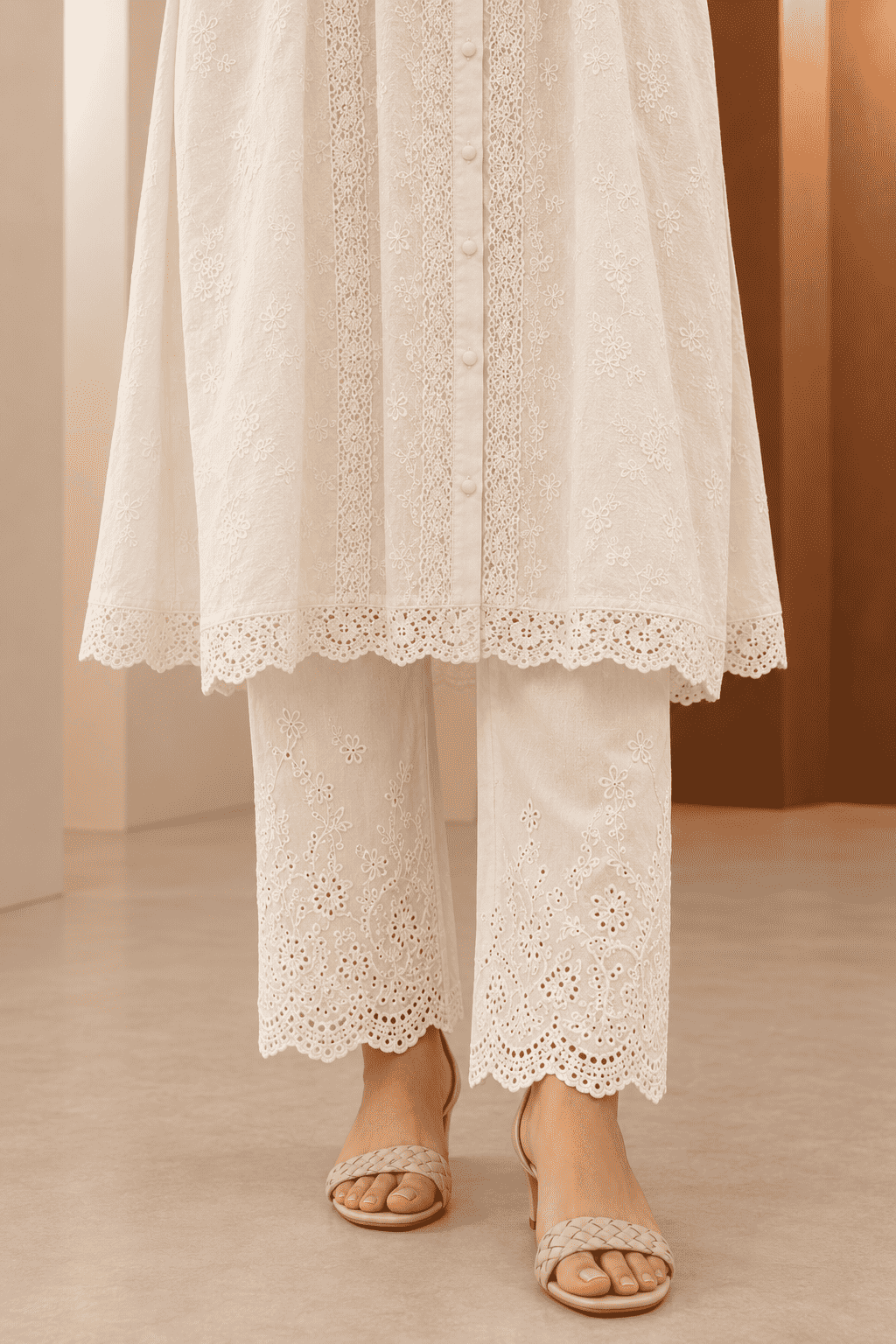 Ivory collar neck schiffli Kurta Pant Set