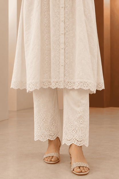 Ivory collar neck schiffli Kurta Pant Set