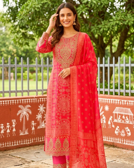 Hot Pink Embroidered Chinon Bandhani Kurta Set With A Vibrant Dupatta