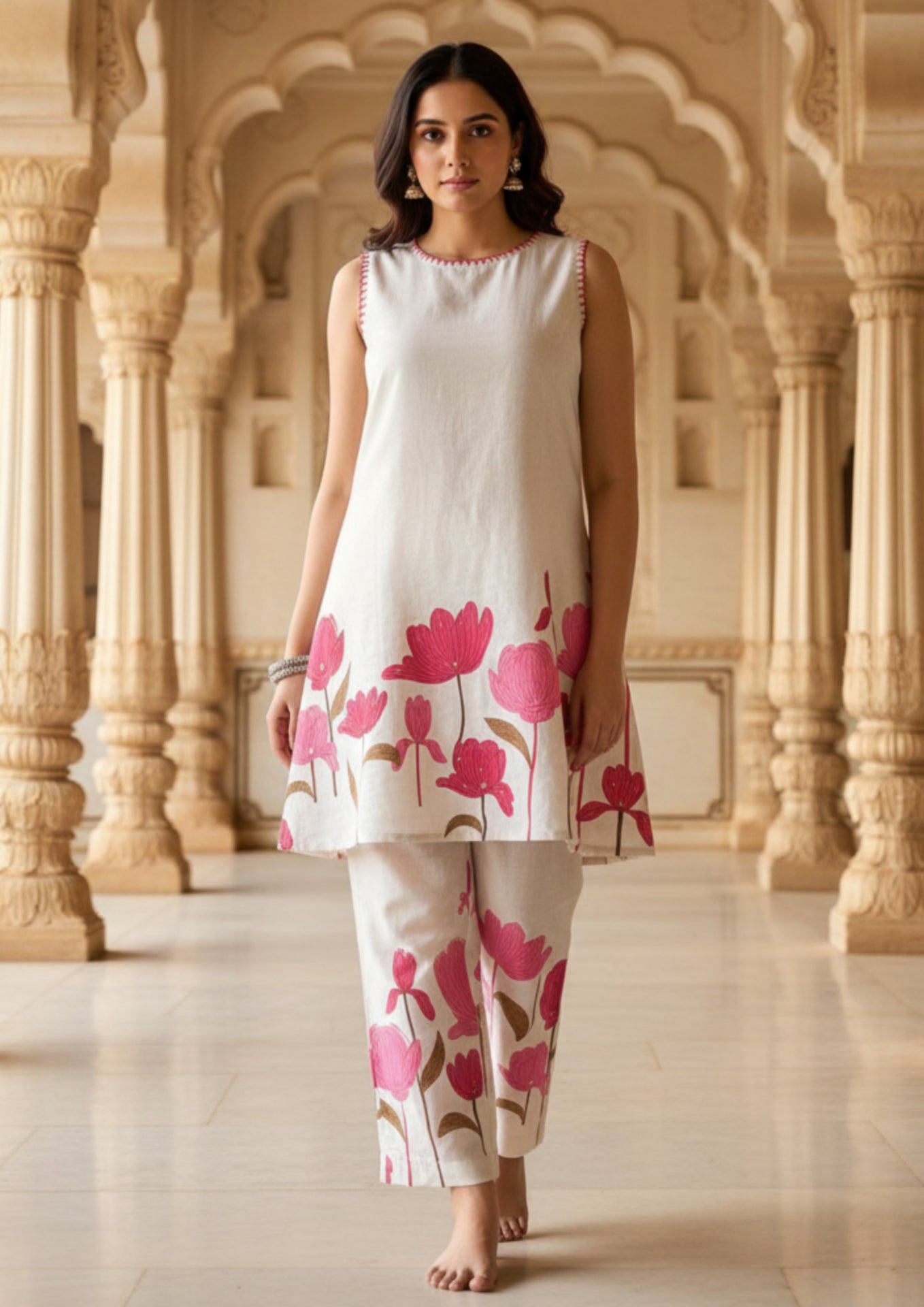 White Handpainted Pink Floral Motifs Cotton Co-ord Set