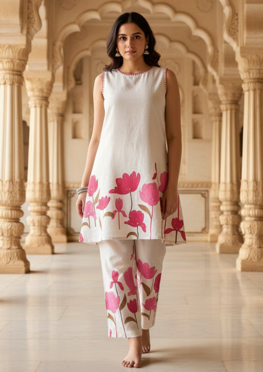 White Handpainted Pink Floral Motifs Cotton Co-ord Set