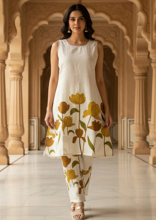 White Handpainted Pink Floral Motifs Cotton Co-ord Set