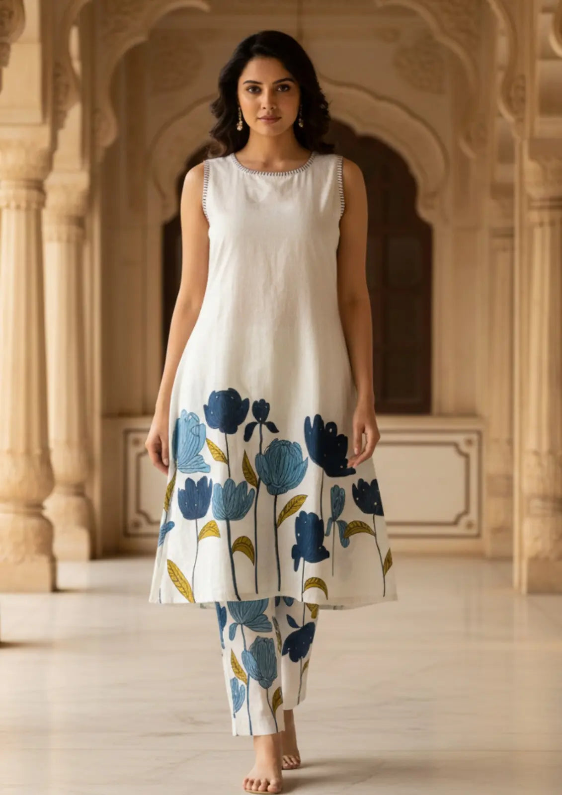White Handpainted Pink Floral Motifs Cotton Co-ord Set
