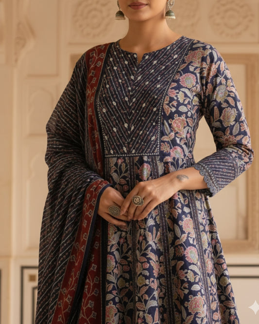 Purple Floral Sangneri Printed Cotton Flared Suit Set With Dupatta