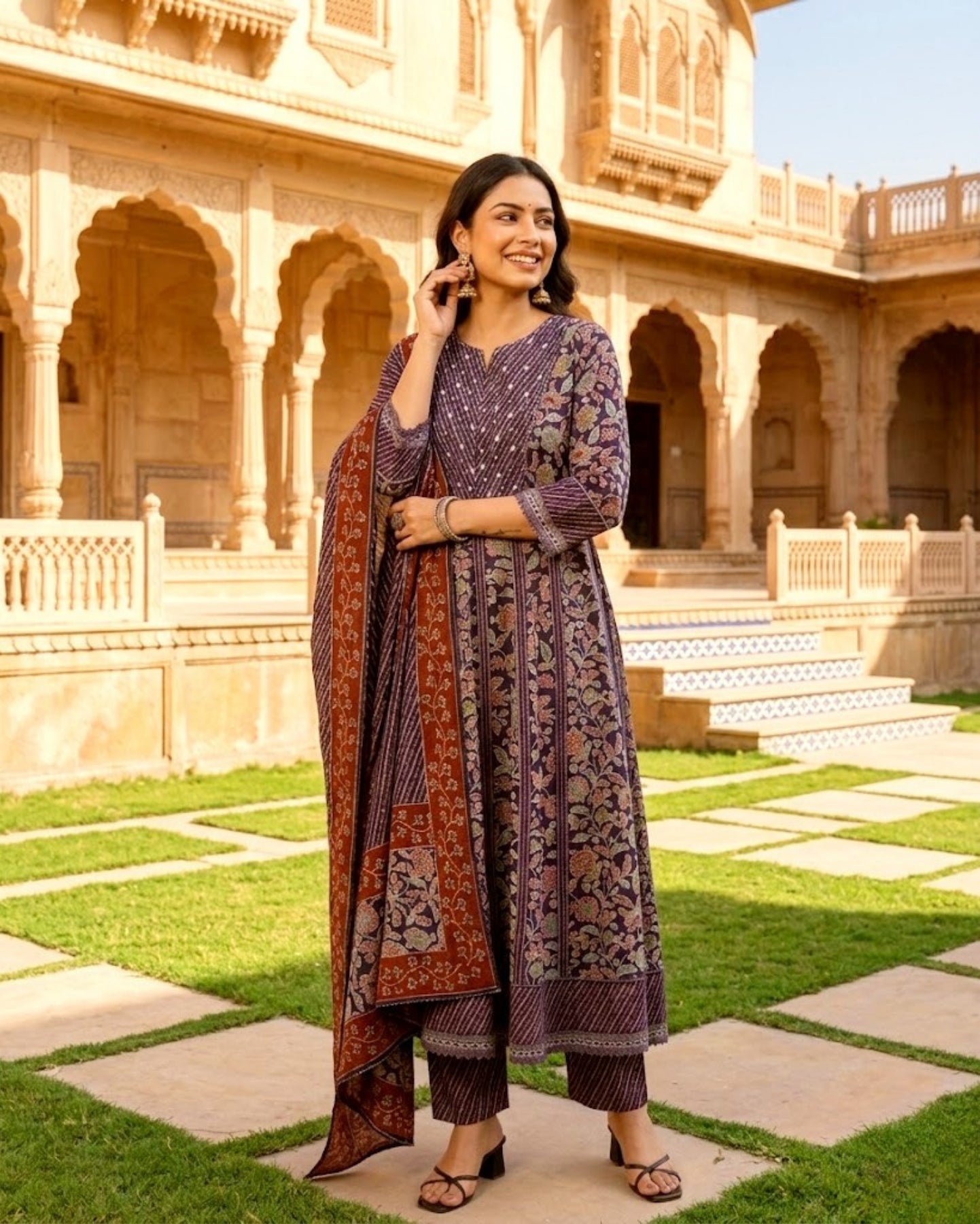 Purple Floral Sangneri Printed Cotton Flared Suit Set With Dupatta