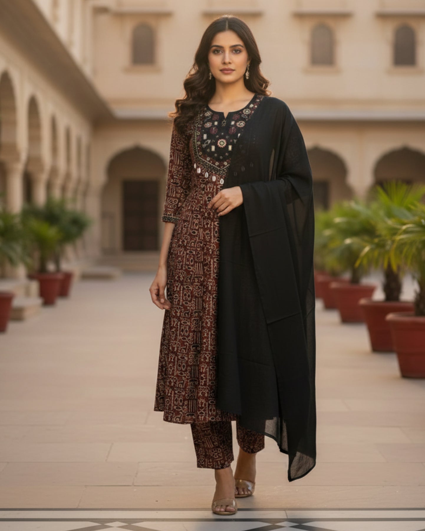 Brown Printed Cotton Anarkali Suit With Solid Black Dupatta