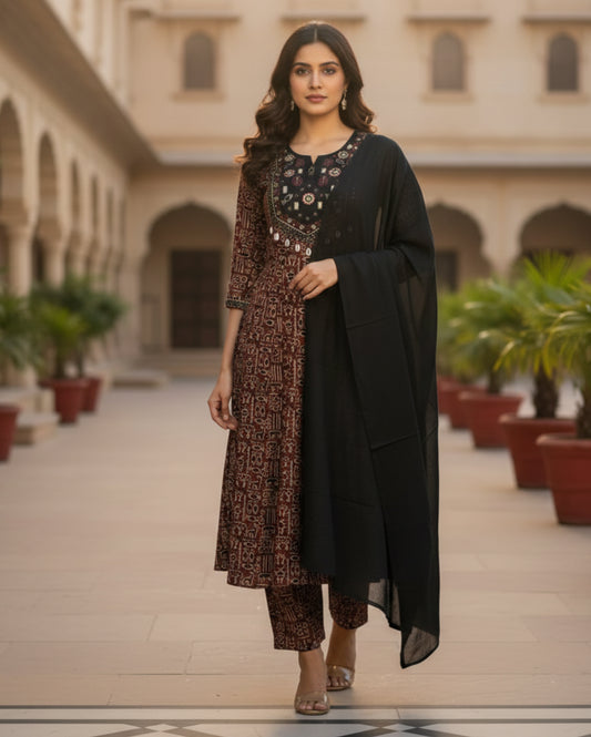Brown Printed Cotton Anarkali Suit With Solid Black Dupatta