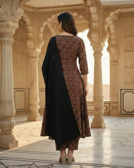 Brown Printed Cotton Anarkali Suit With Solid Black Dupatta