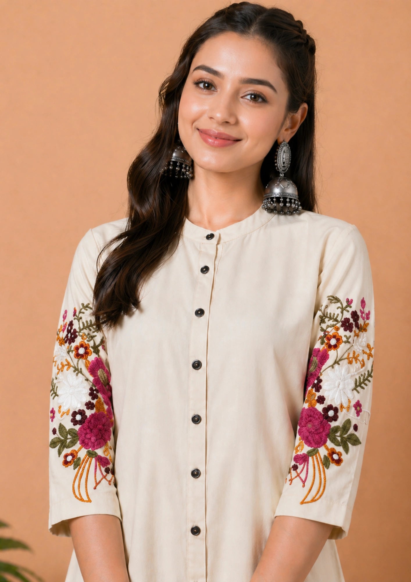 Off white kurta with red embroidery and pant set