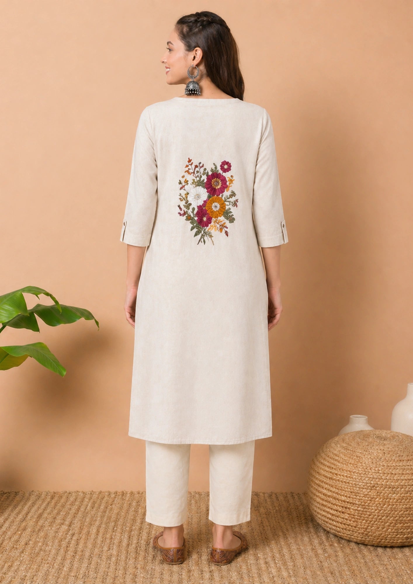 Off white kurta with red embroidery and pant set