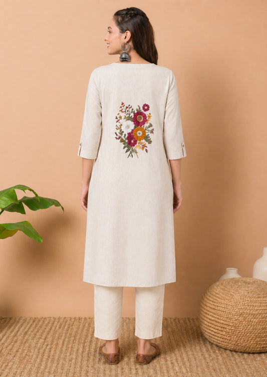 Off white kurta with red embroidery and pant set