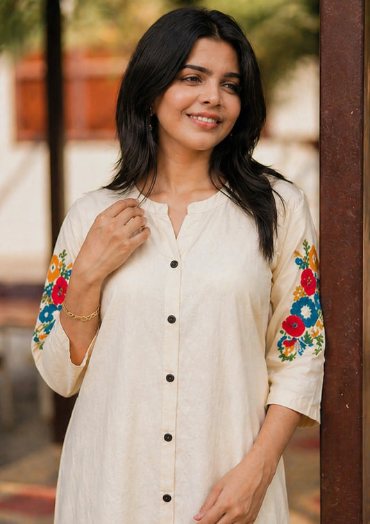 Off white kurta with blue embroidery and pant set