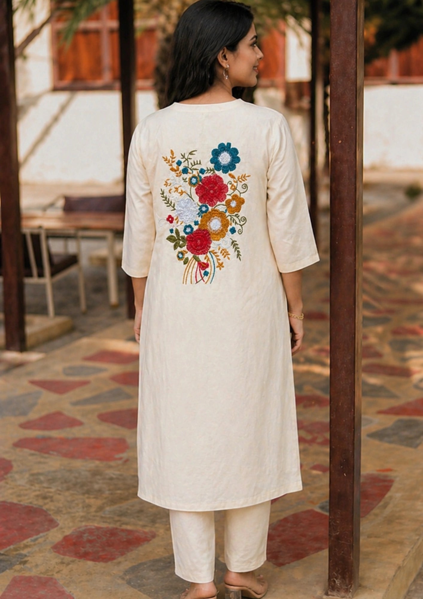 Off white kurta with blue embroidery and pant set