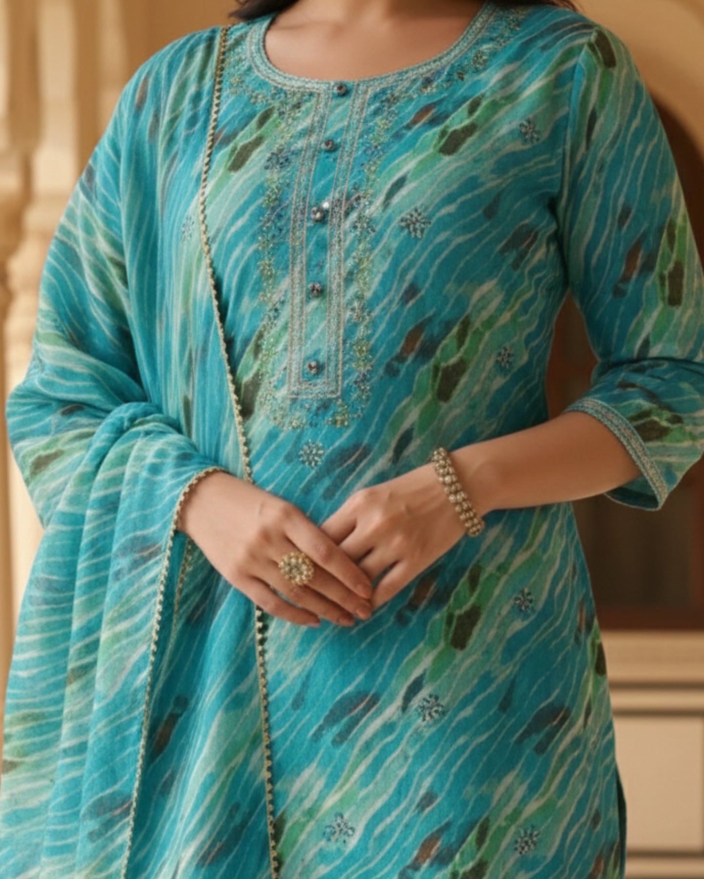 Teal Blue Leheriya Pattern Cotton Suit Set With Dupatta