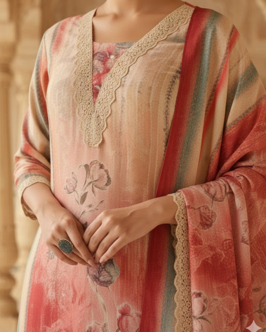 Pastel Peach Cotton Mix Kurta Set With Dupatta