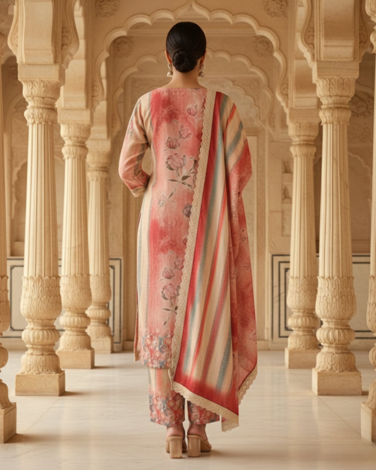 Pastel Peach Cotton Mix Kurta Set With Dupatta