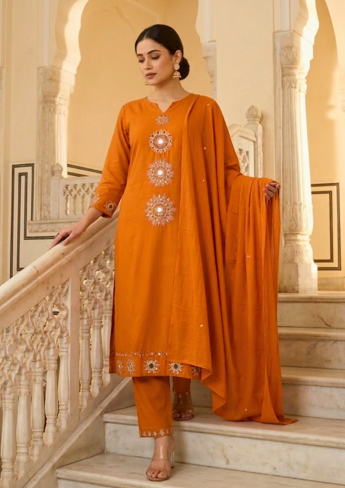 Orange Cotton Embroidered Kurta Set With Dupatta