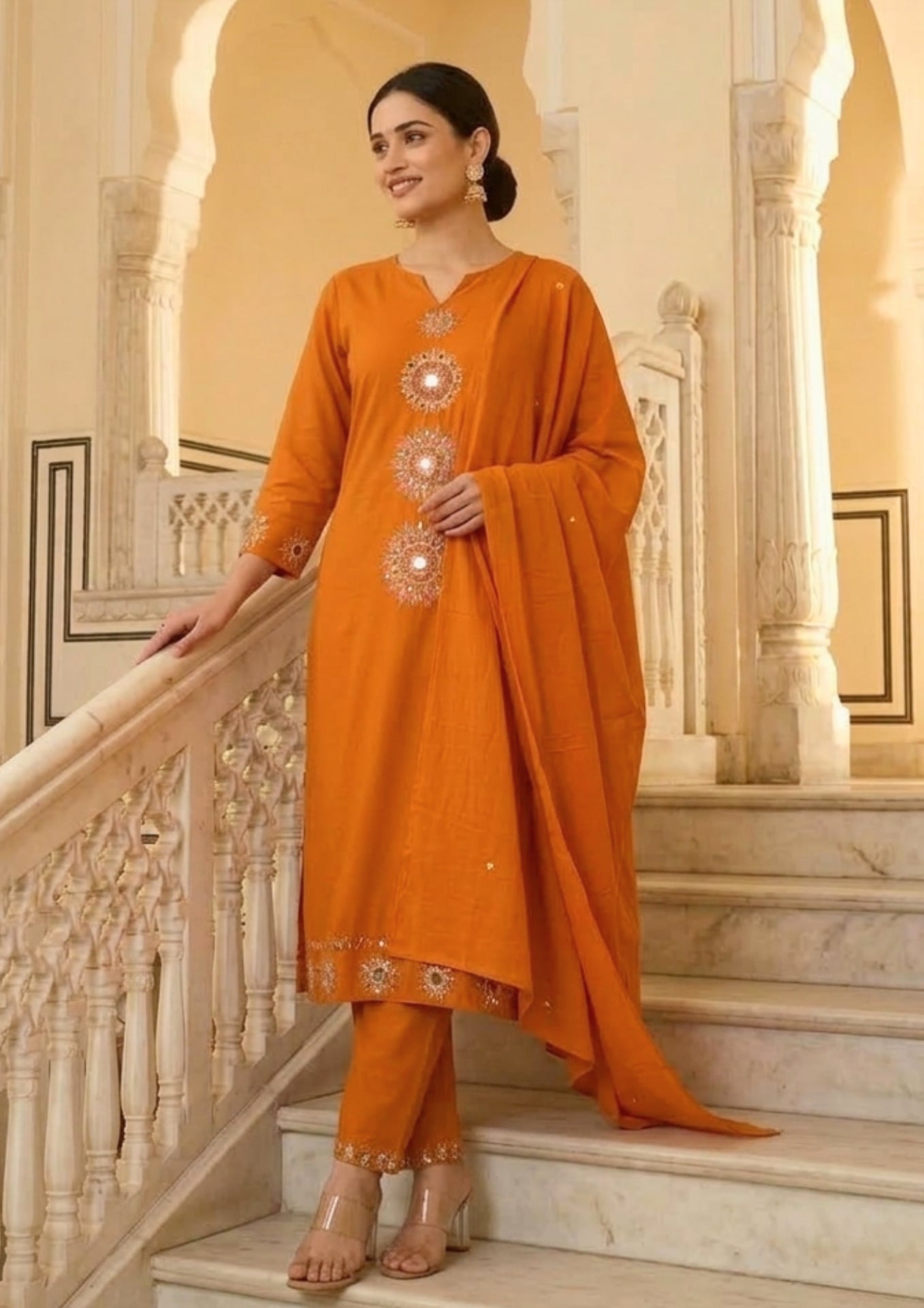 Orange Cotton Embroidered Kurta Set With Dupatta