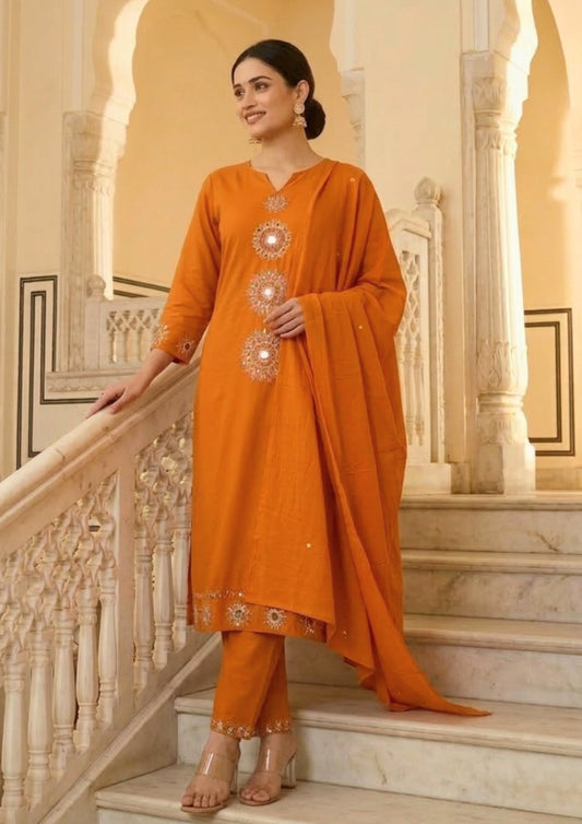 Orange Cotton Embroidered Kurta Set With Dupatta