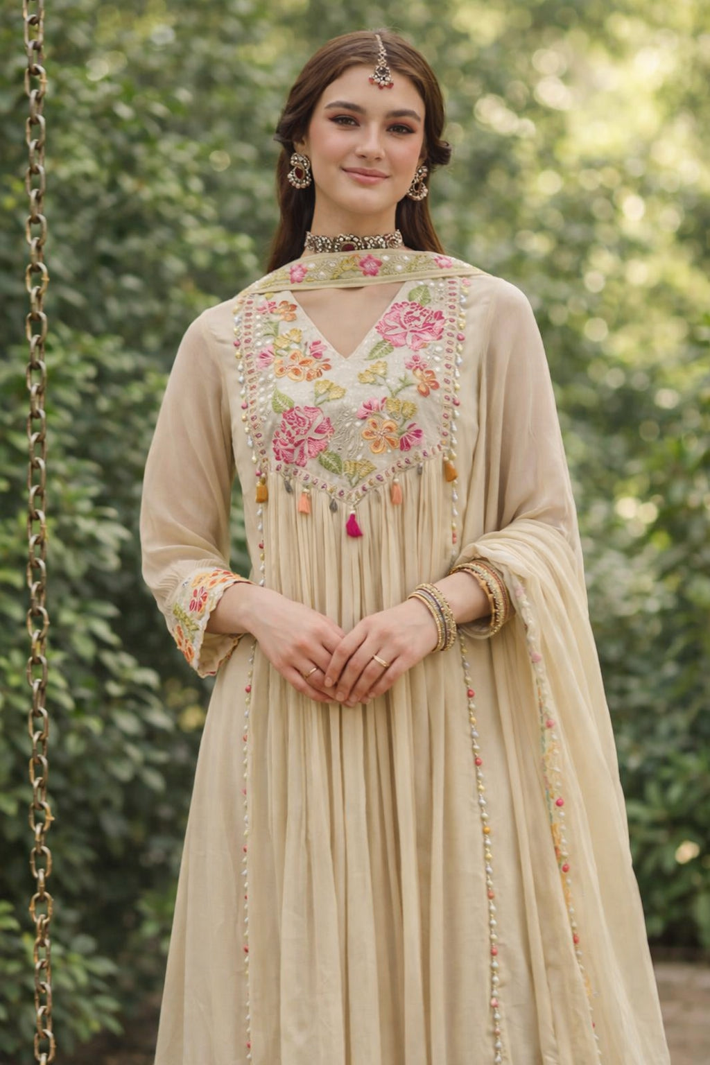 Cream Georgette Blend Anarkali Suit With Floral Dupatta