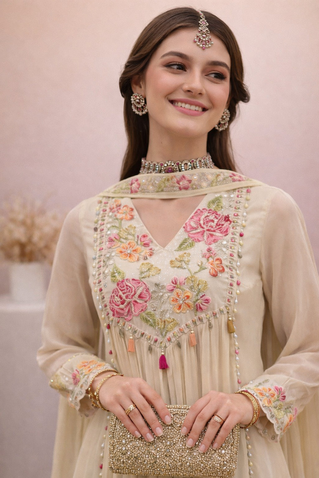 Cream Georgette Blend Anarkali Suit With Floral Dupatta