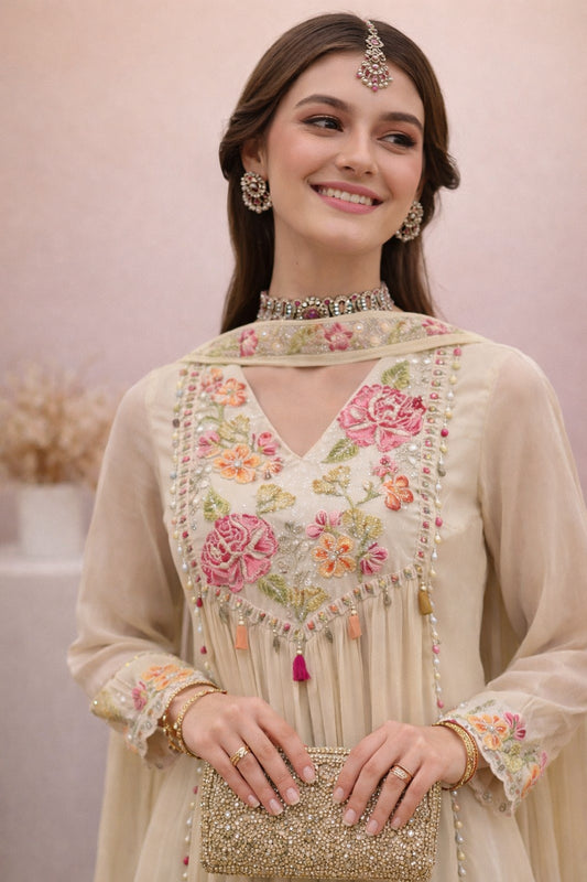 Cream Georgette Blend Anarkali Suit With Floral Dupatta