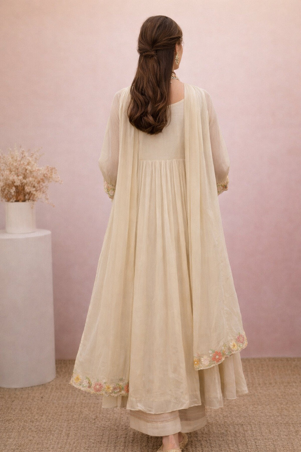 Cream Georgette Blend Anarkali Suit With Floral Dupatta