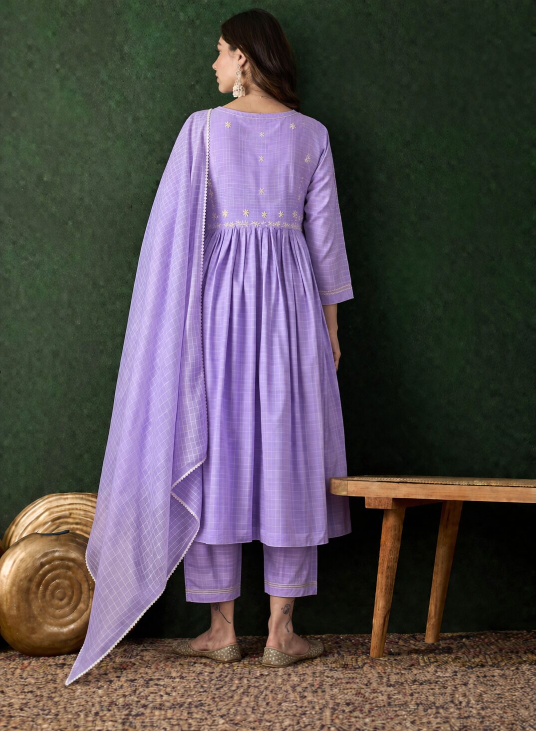 Kota doria lavender kurta pant set with dupatta