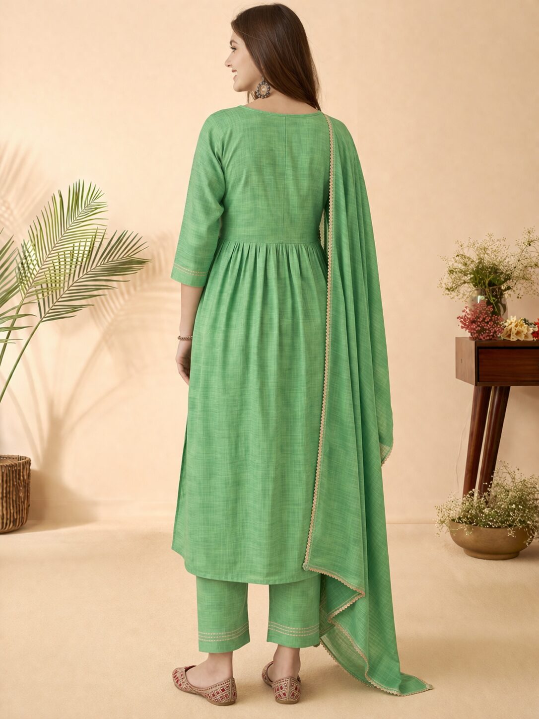 Kota doria green kurta pant set with dupatta