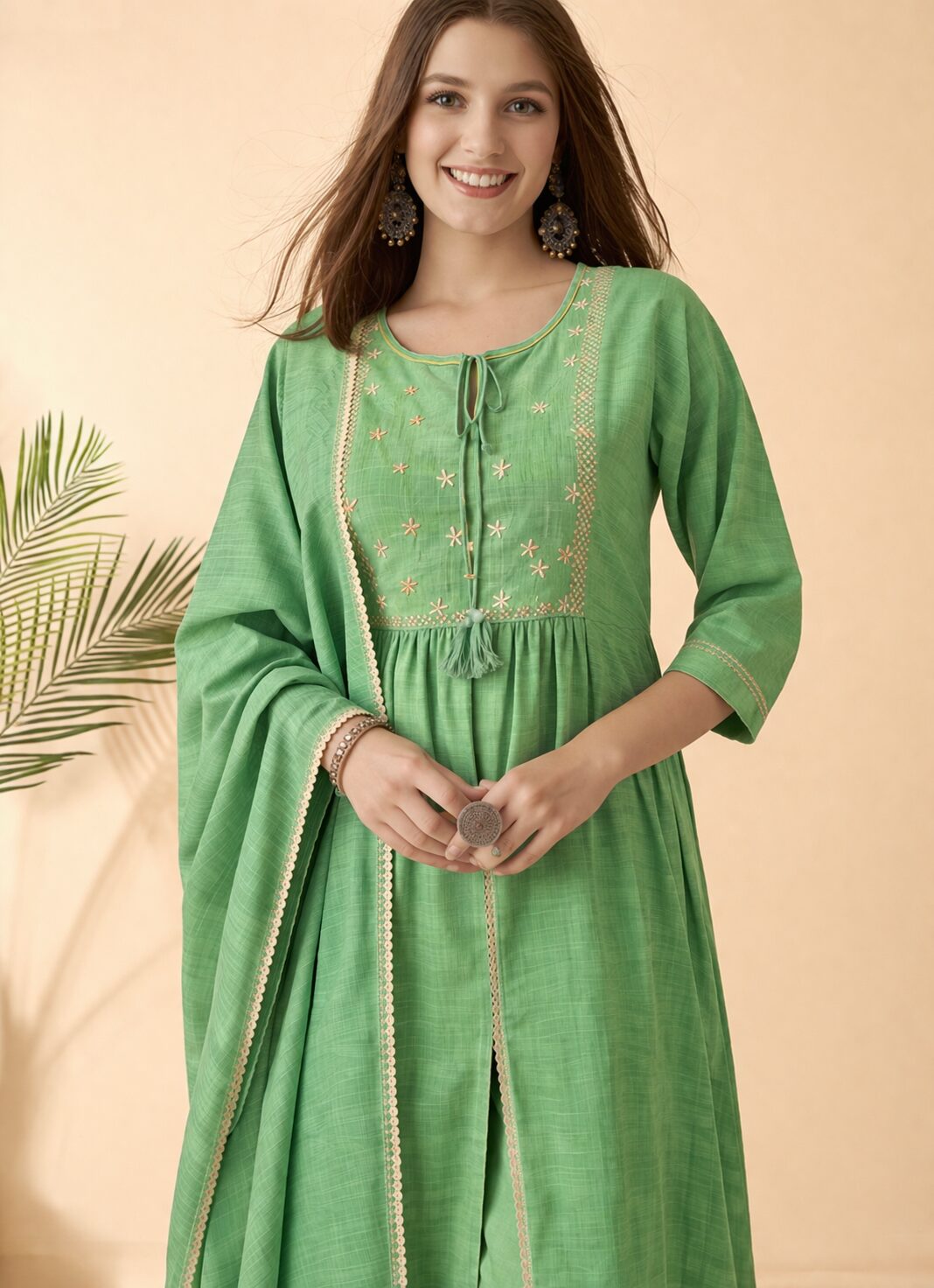 Kota doria green kurta pant set with dupatta