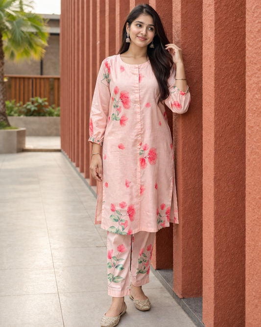 Soft cotton blend fabric in blush peach with delicate floral prints