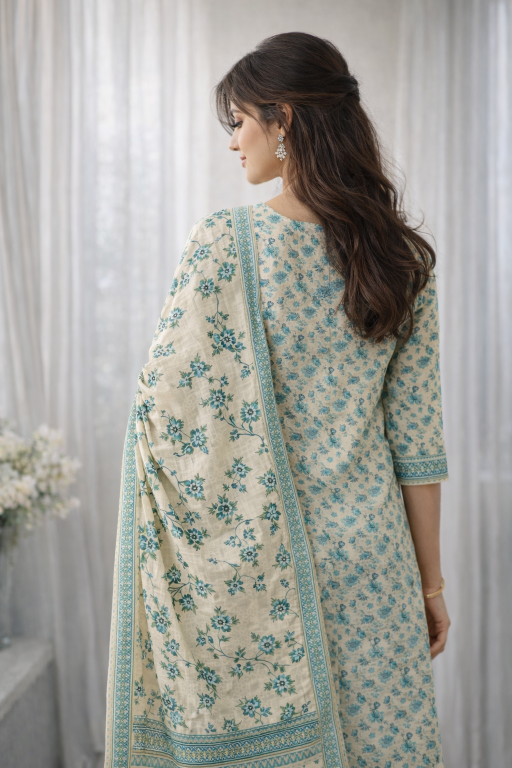 Beige cotton teal floral printed kurta pant set with dupatta
