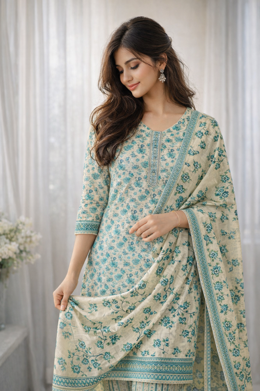 Beige cotton teal floral printed kurta pant set with dupatta