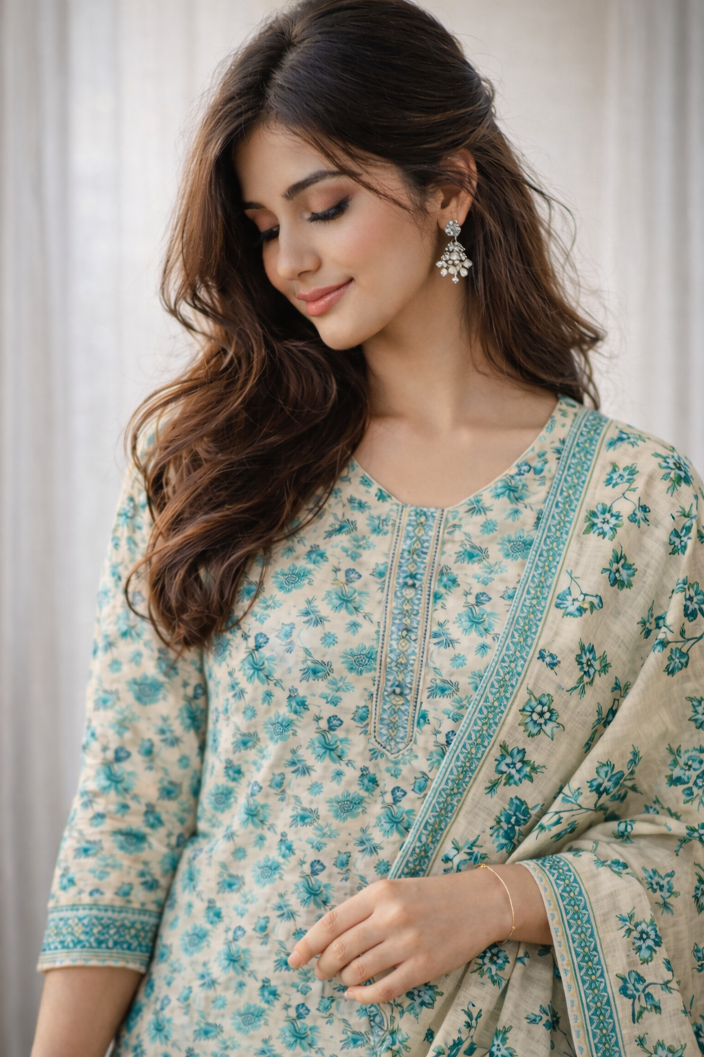 Beige cotton teal floral printed kurta pant set with dupatta