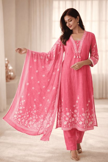 Pink cotton kurta pant set with white floral printed dupatta