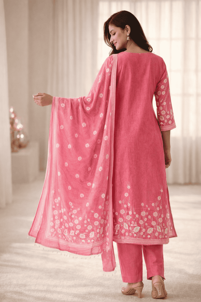 Pink cotton kurta pant set with white floral printed dupatta