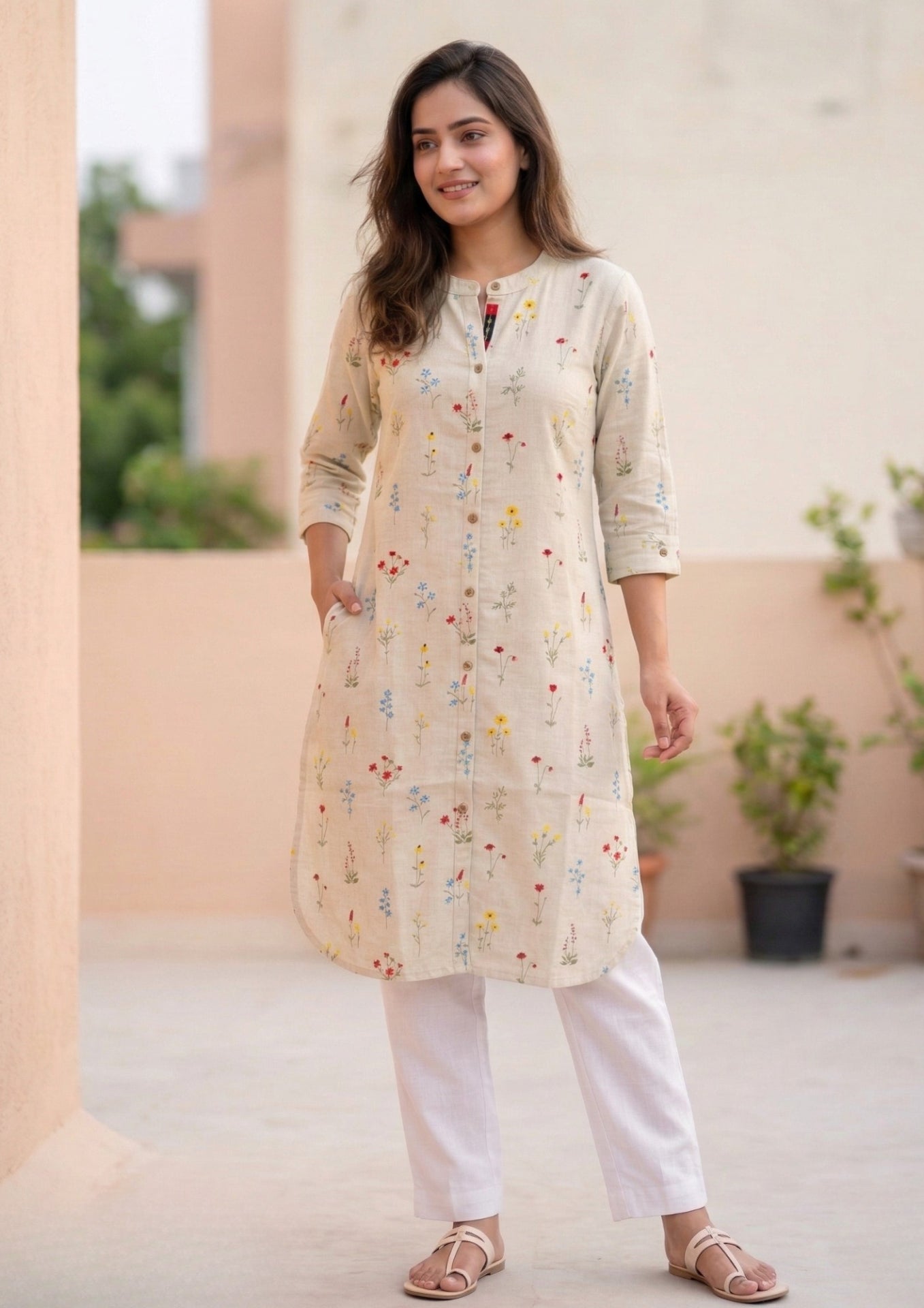 Off-White Multicolour Floral Embroidery Cotton Kurta
