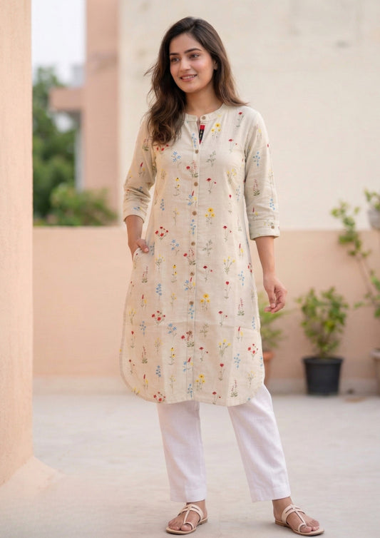 Off-White Multicolour Floral Embroidery Cotton Kurta
