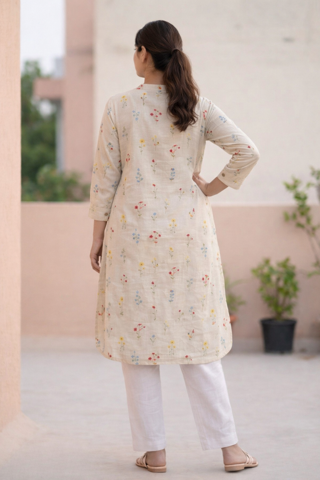 Off-White Multicolour Floral Embroidery Cotton Kurta